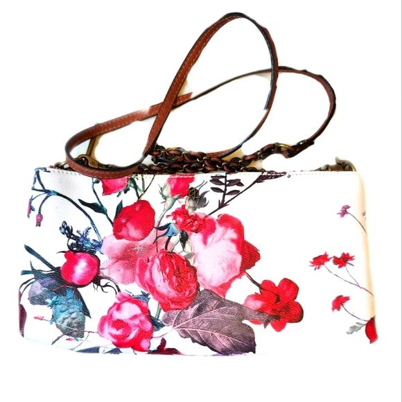 Elliott Lucca faux leather crossbody bag, off-white red & green floral, 12" x 7" - Picture 2 of 7